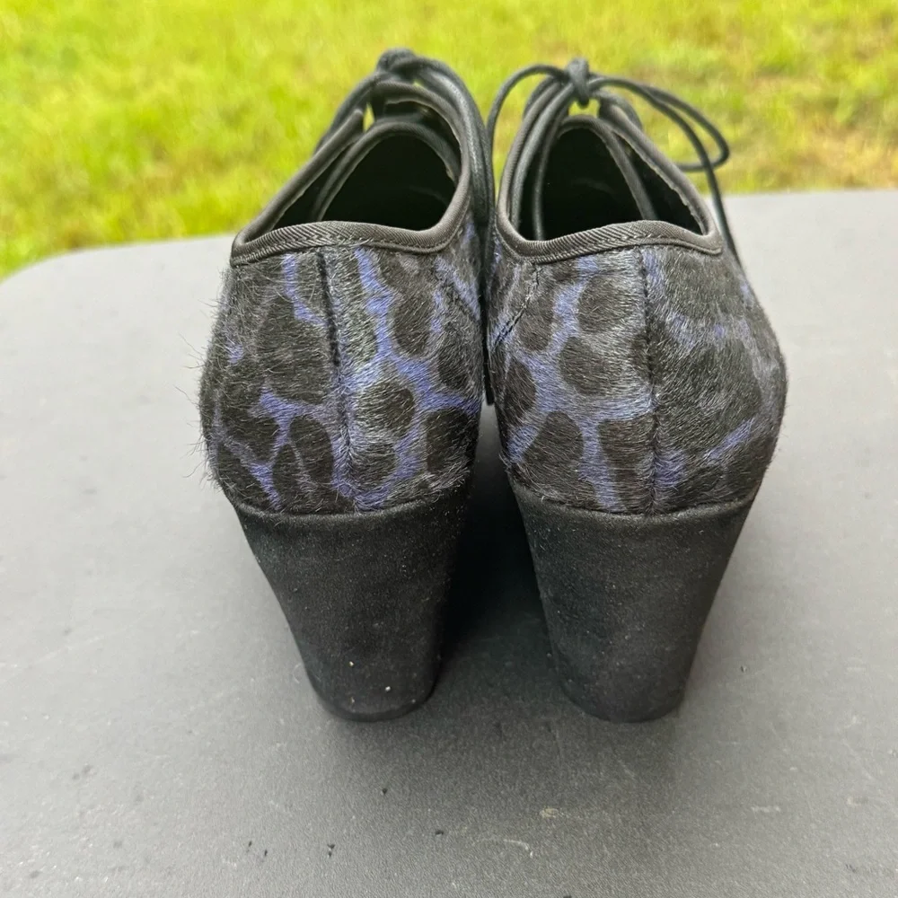 Nicole Wedge Oxfords Women Size 8M Black Blue Leopard Print Lace Up Shoes